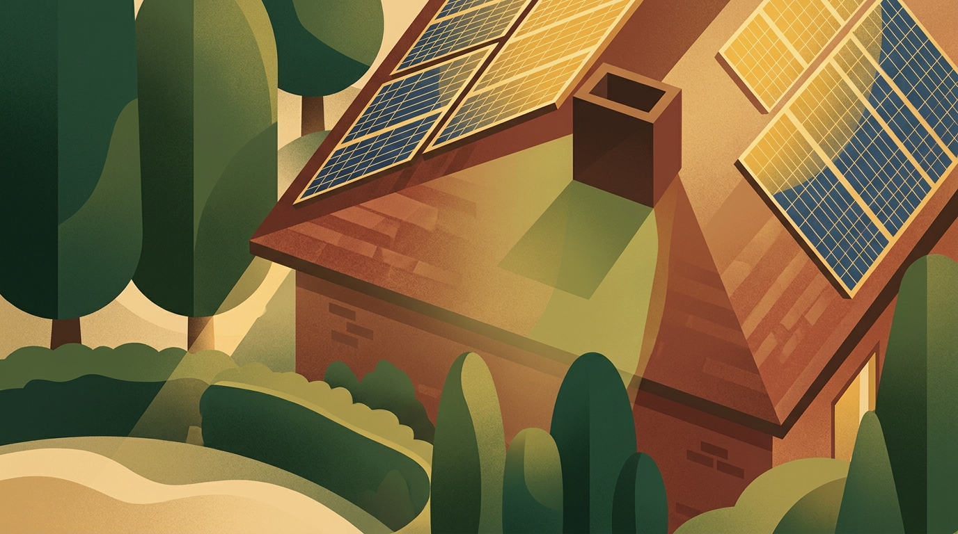 Einfamilienhaus im Rheinland mit Ost-West-Solaranlage, Schornstein und Bäumen am Rand des Dachs