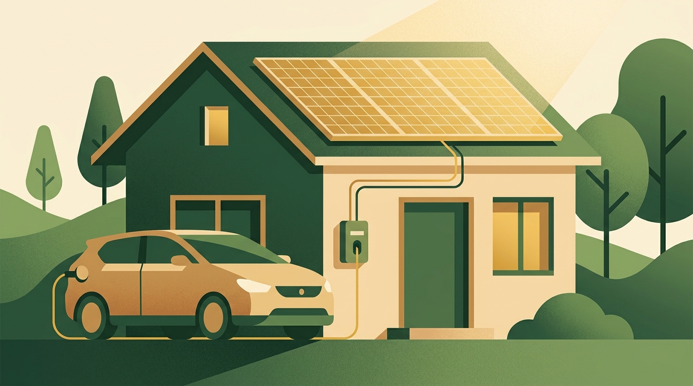 Elektroauto lädt an einer Wallbox vor einem Einfamilienhaus mit Photovoltaikanlage auf dem Dach im Rheinland