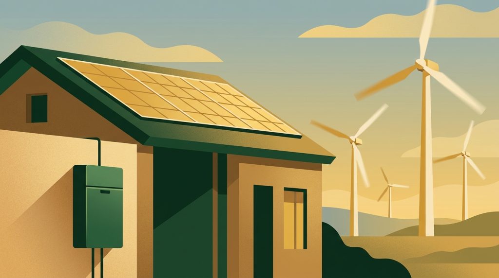 Einfamilienhaus mit Photovoltaik-Anlage und Hausspeicher in Bedburg, im Hintergrund Windräder der Königshovener Höhe