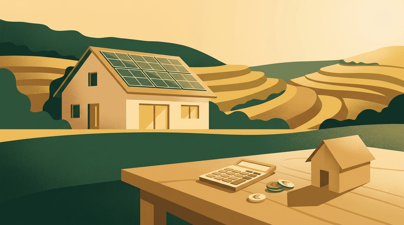 Solaranlage auf einem Einfamilienhaus im Rheinland mit Taschenrechner und Münzen als Symbol für Finanzierung und Förderung