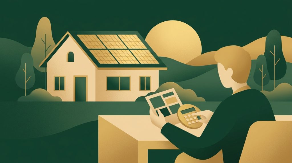 Solaranlage auf einem Einfamilienhaus im Rheinland neben Steuerunterlagen und einem Taschenrechner