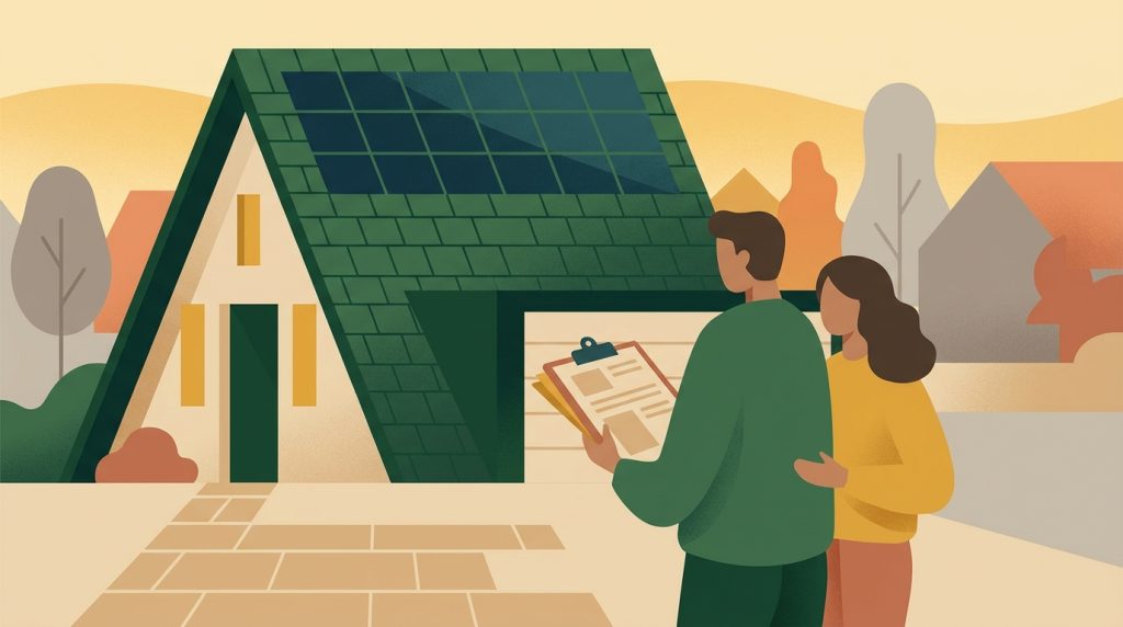 Hausbesitzer und Solarfachmann vergleichen ein Photovoltaik-Angebot vor einem Einfamilienhaus mit Solardach im Rheinland